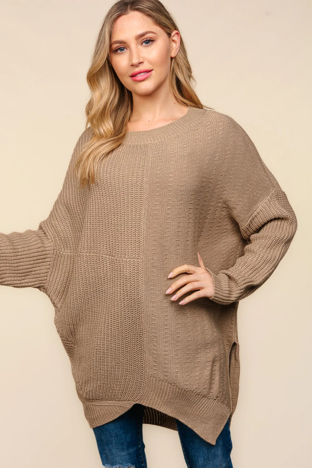 TAUPE SOLID PATTERNED ASYMMETRIC SWEATER KNIT TOP