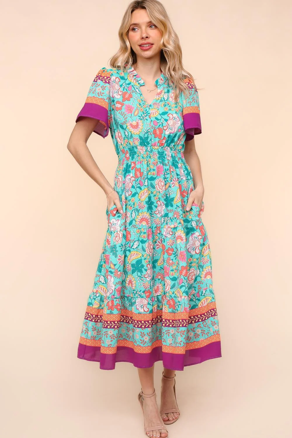 MAX FLORAL BORDER PRINT DRESS W/SIDE POCKETS