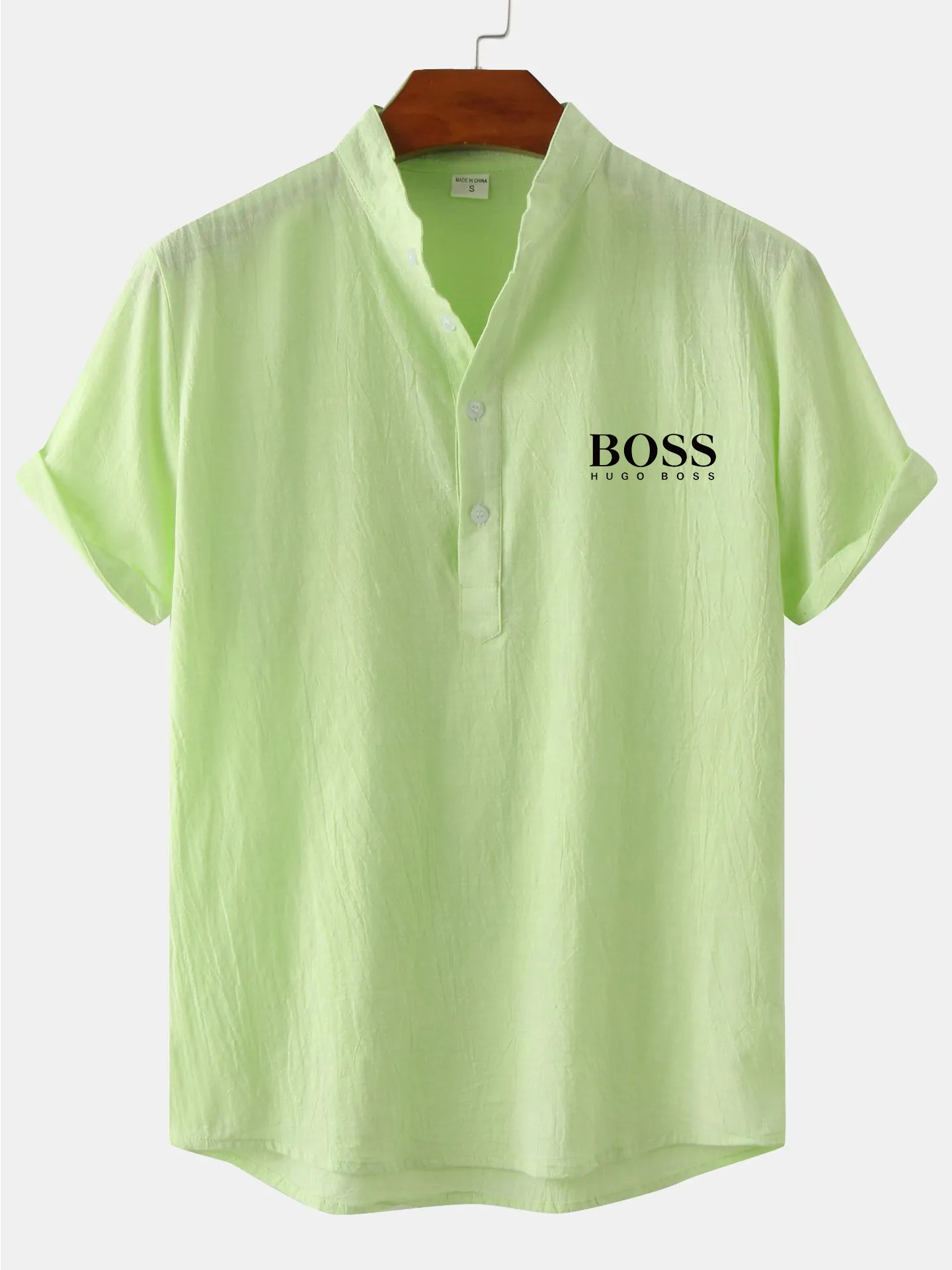 Men's Cotton Linen Stand Collar Casual Beach Short Sleeve Shirt