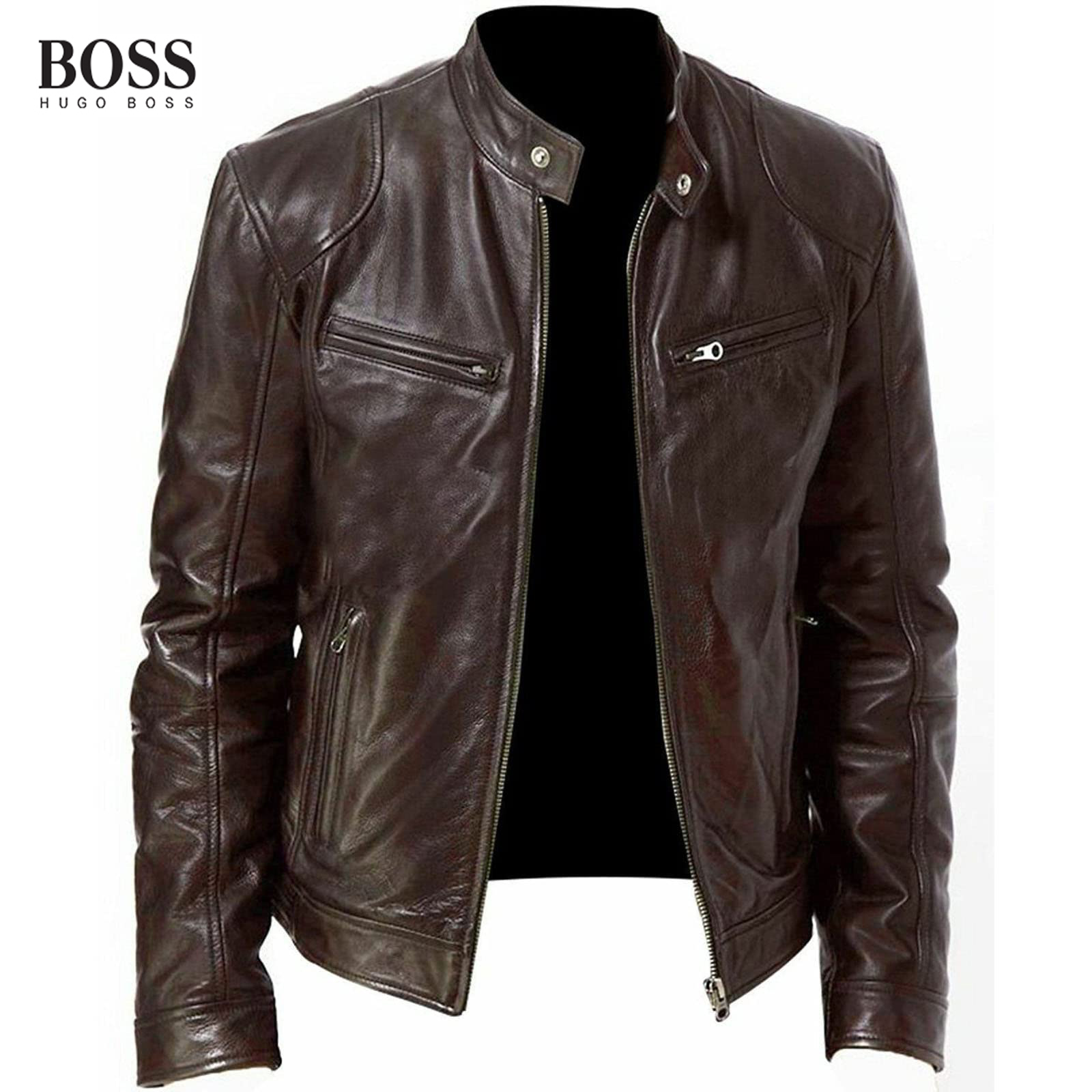 Men's Stand Collar Leather Jacket Lightweight Zipper Leather Coat Slim Fit Biker Jacket