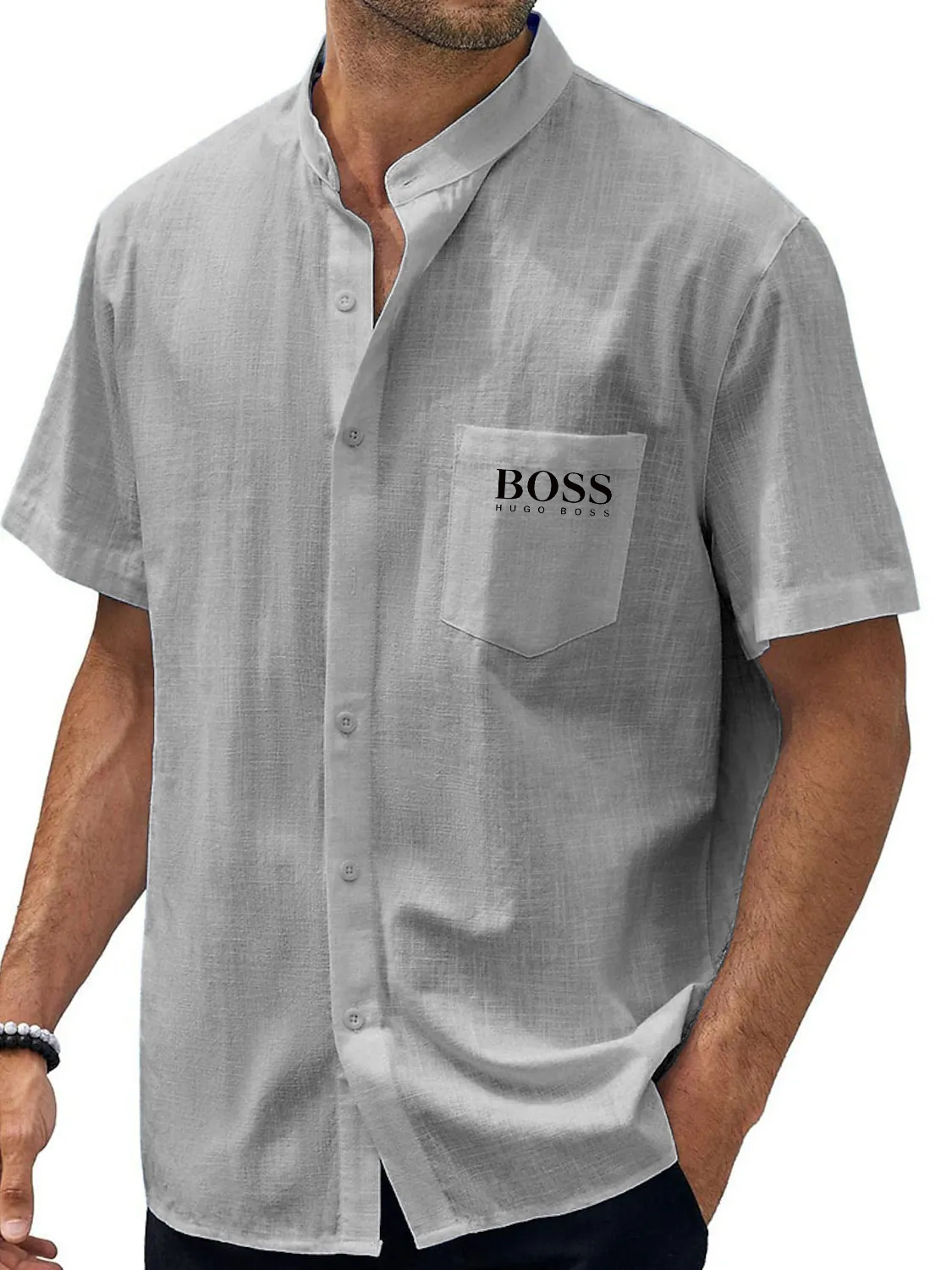 Men's Hawaiian Casual Beach Stand Collar Pocket Short Sleeves