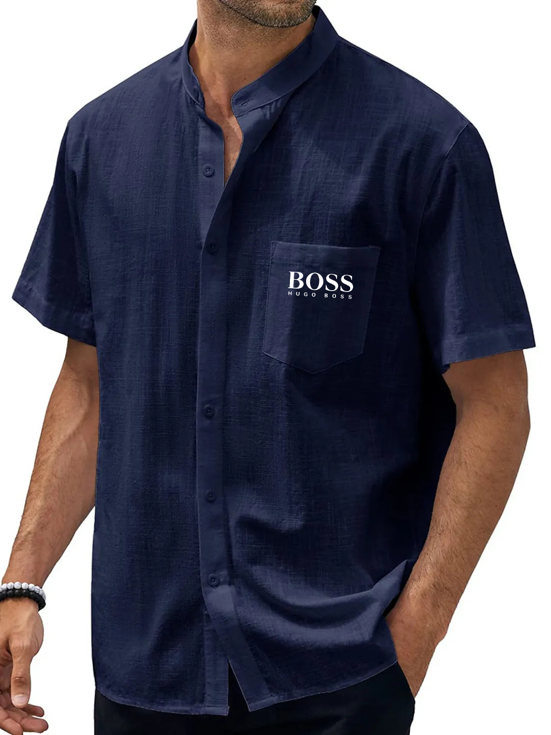 Men's Hawaiian Casual Beach Stand Collar Pocket Short Sleeves