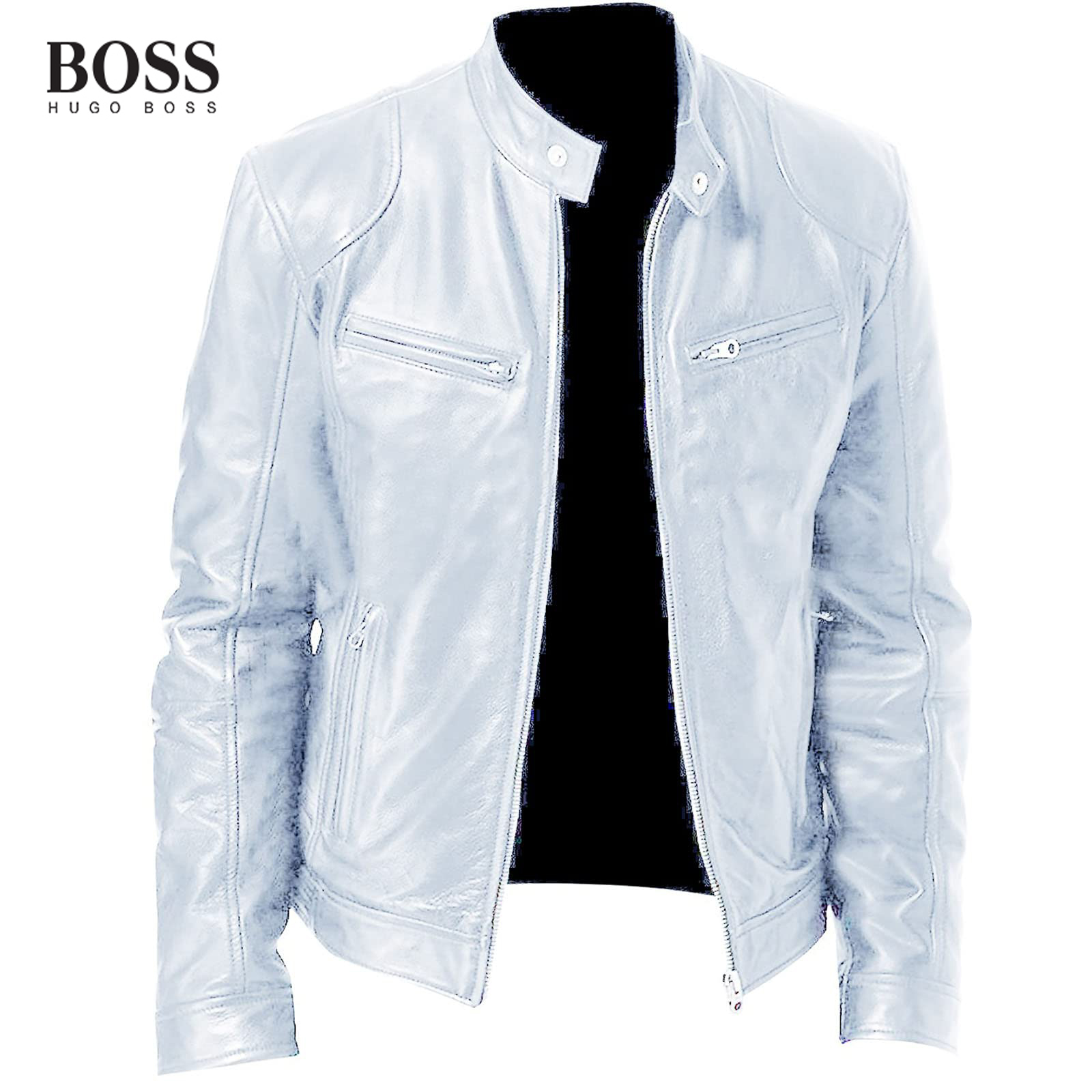 Men's Stand Collar Leather Jacket Lightweight Zipper Leather Coat Slim Fit Biker Jacket
