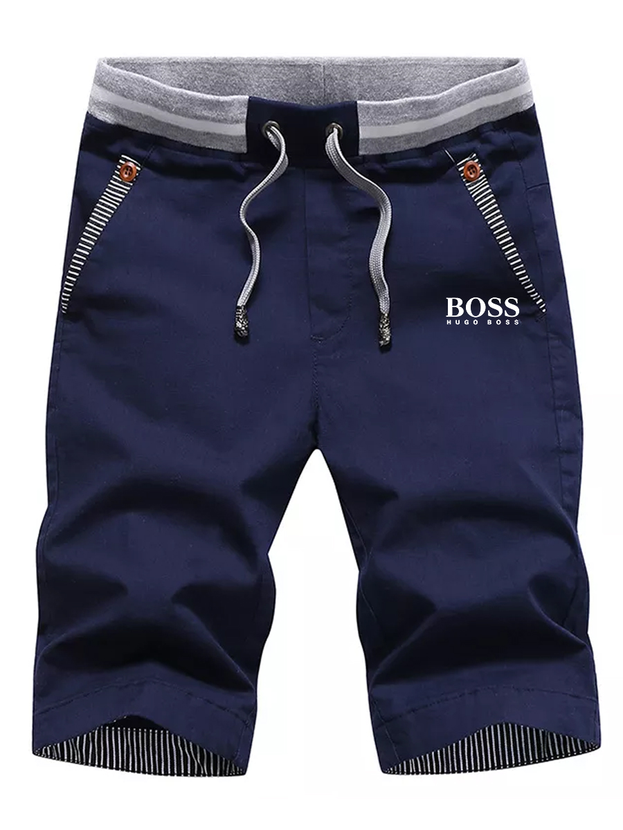 Men's logo embroidered casual elastic elastic waist straight shorts