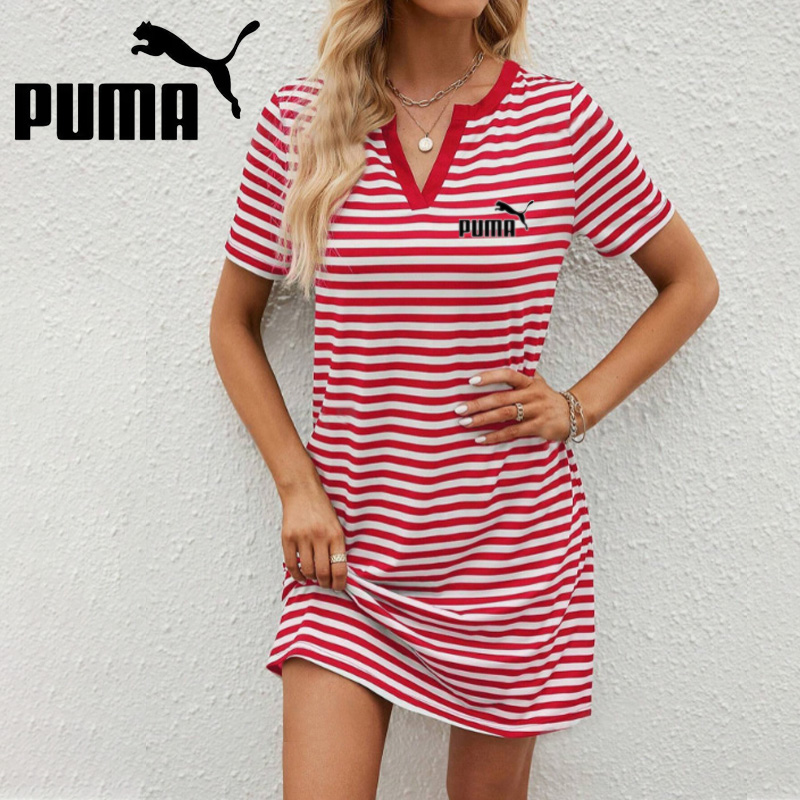 Nowa letnia damska luźna sukienka w paski Puma 2025 z krótkim rękawem