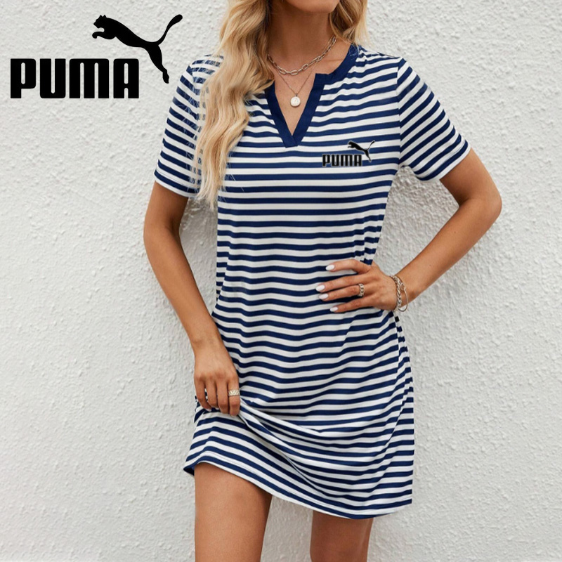 Nowa letnia damska luźna sukienka w paski Puma 2025 z krótkim rękawem