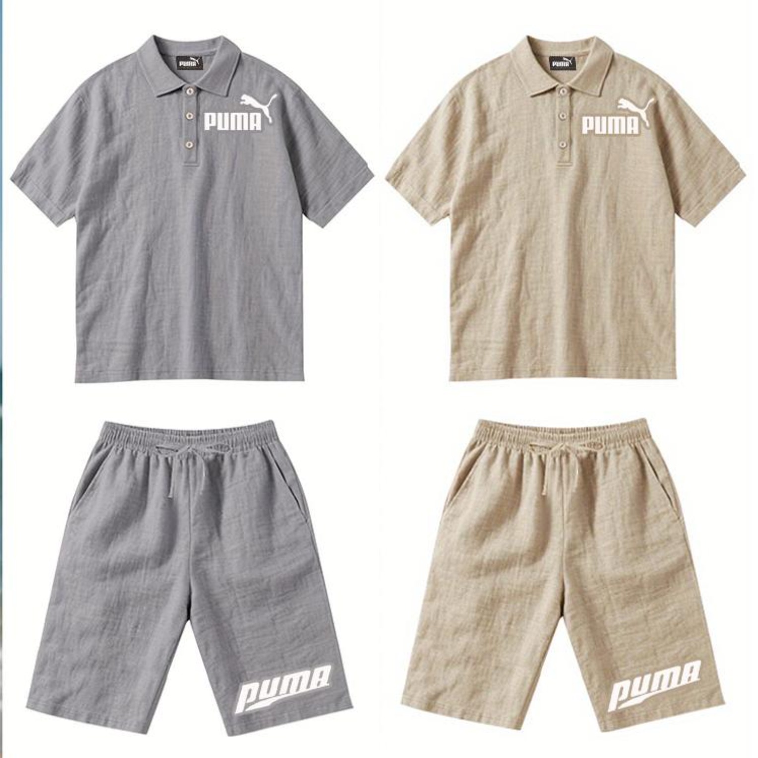 PUMA Męski Komplet z Koszulą i Szortami Lnianymi, Wygodny Styl na Wypoczynek Plażowy - Prosty Jednokolorowy