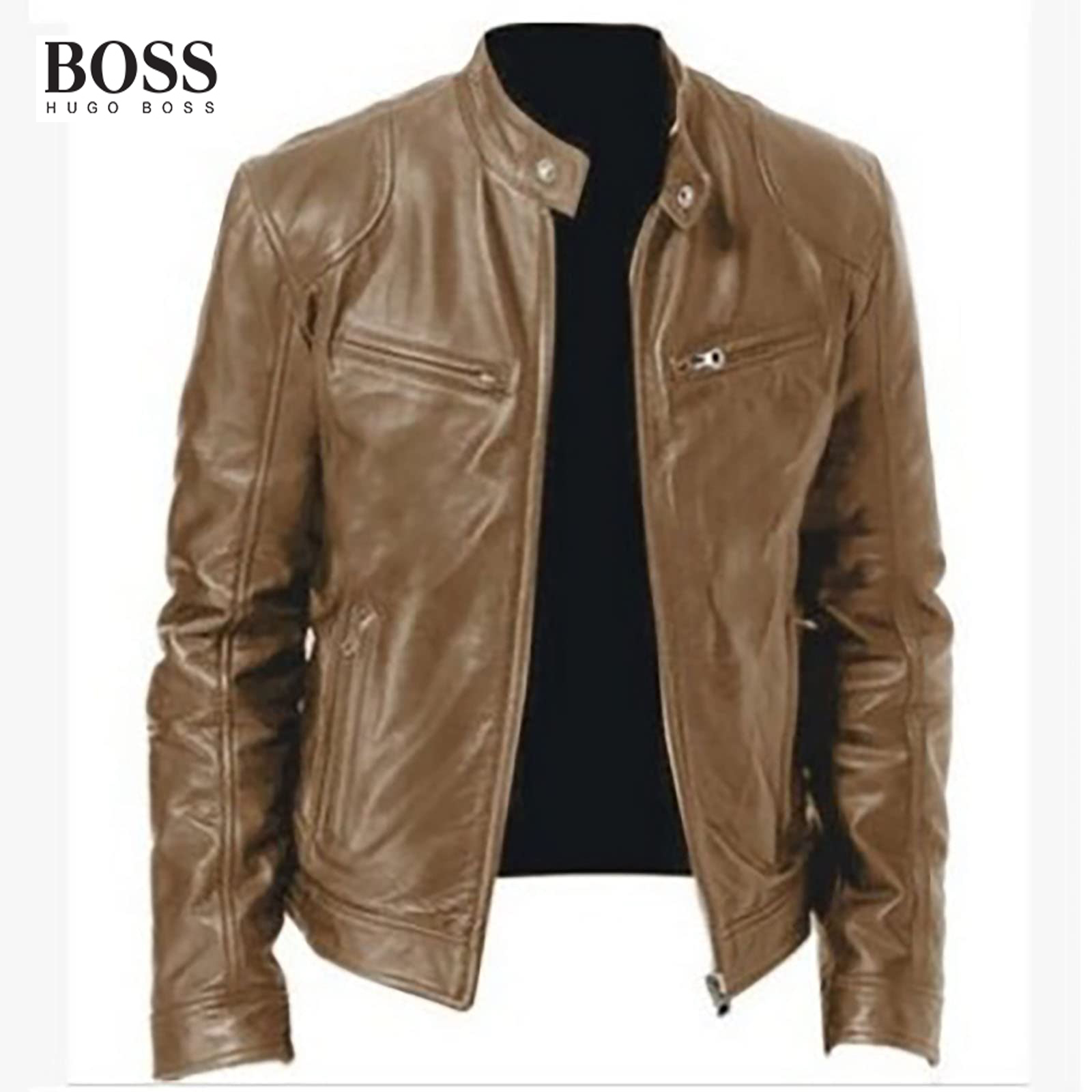 Men's Stand Collar Leather Jacket Lightweight Zipper Leather Coat Slim Fit Biker Jacket