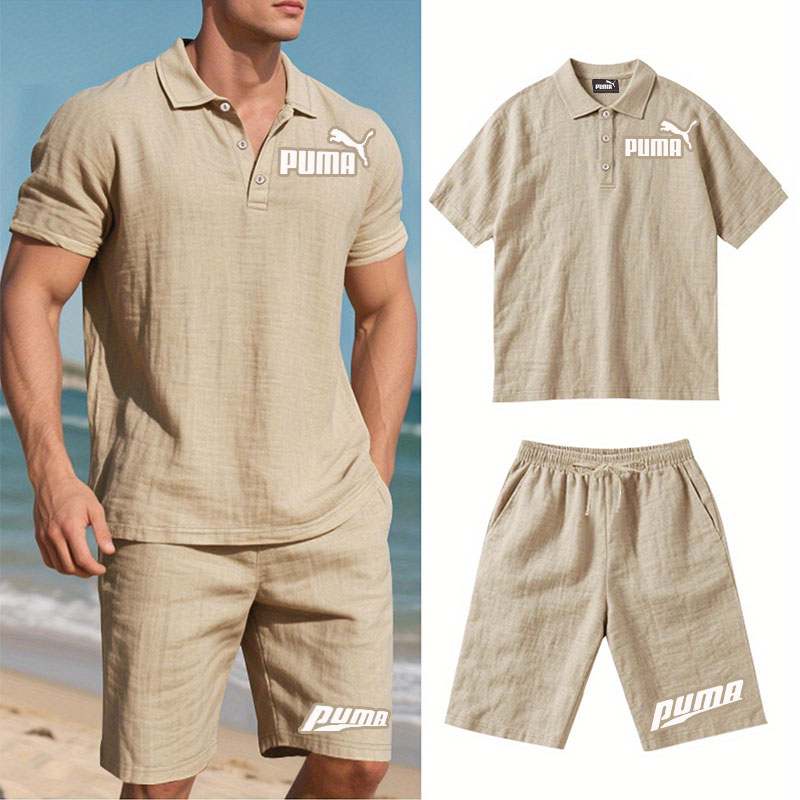 PUMA Męski Komplet z Koszulą i Szortami Lnianymi, Wygodny Styl na Wypoczynek Plażowy - Prosty Jednokolorowy