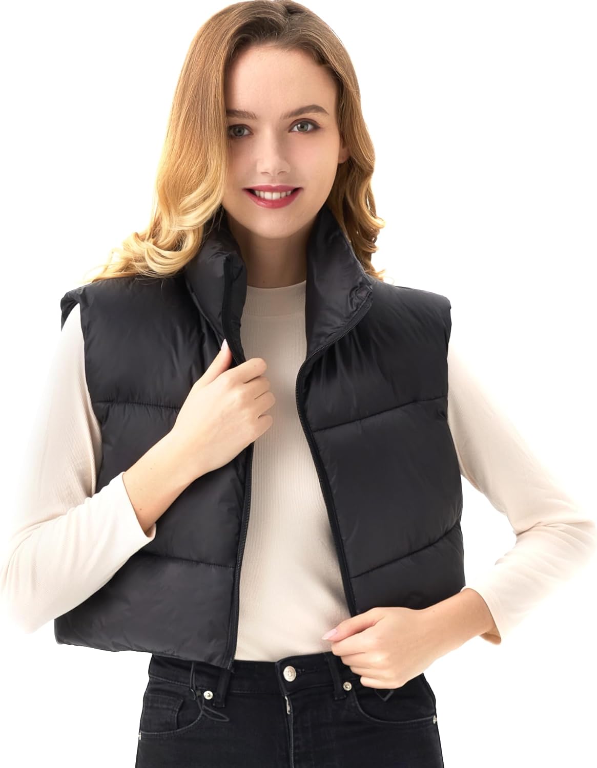 ANAYSN Women's Cropped Puffer Vest Lightweight Sleeveless Warm Vests For Women Winter Stand Collar Padded Gilet