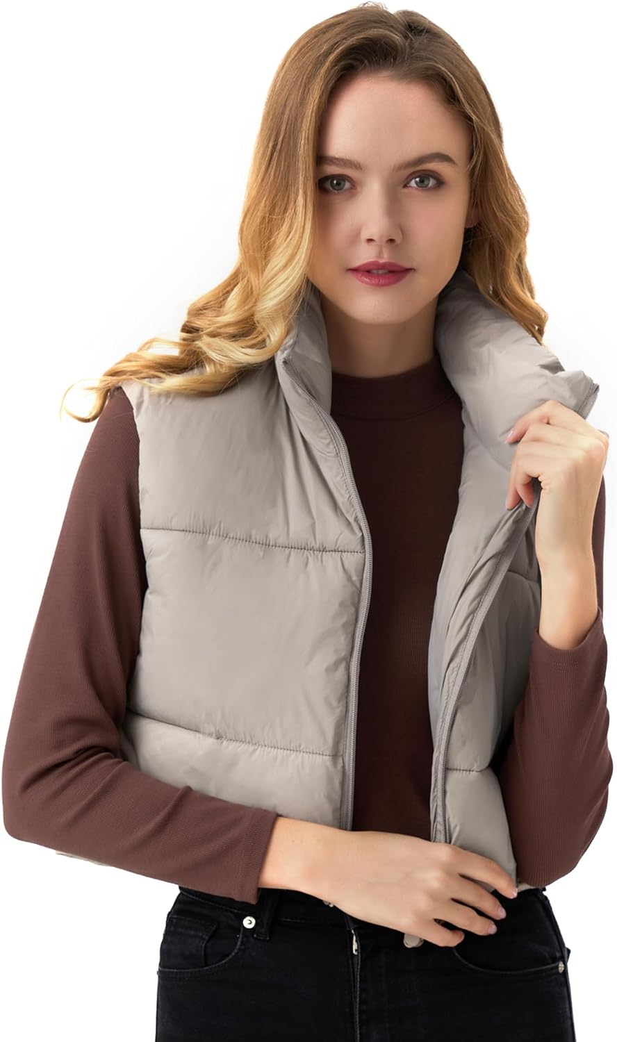 ANAYSN Women's Cropped Puffer Vest Lightweight Sleeveless Warm Vests For Women Winter Stand Collar Padded Gilet