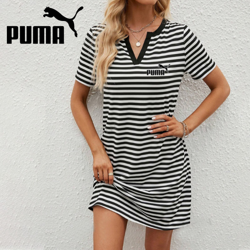 Nowa letnia damska luźna sukienka w paski Puma 2025 z krótkim rękawem