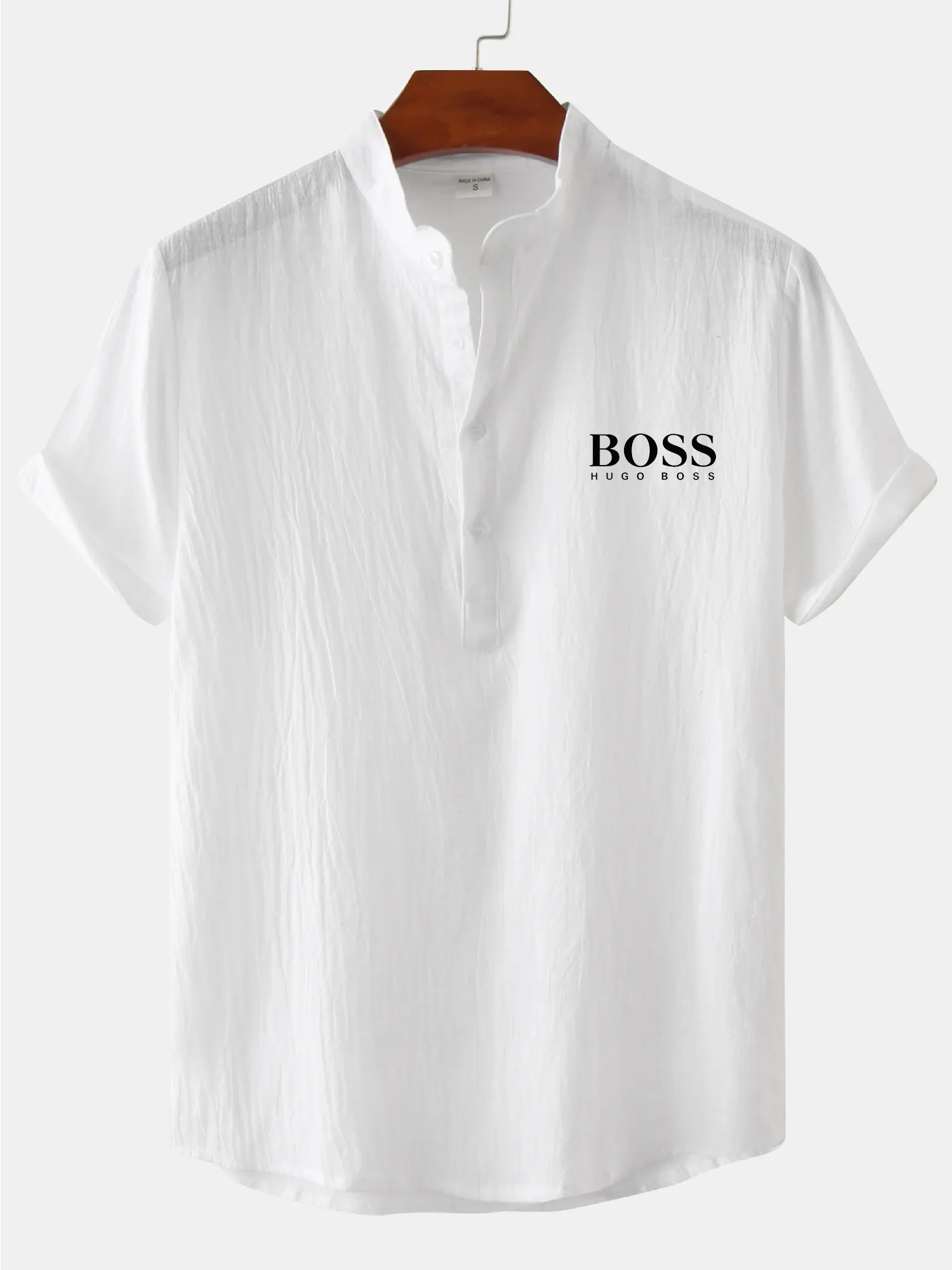 Men's Cotton Linen Stand Collar Casual Beach Short Sleeve Shirt