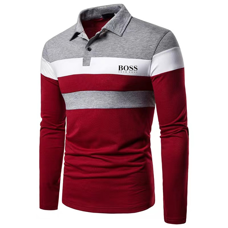 Men's Casual Color Block Long Sleeve Polo Shirt