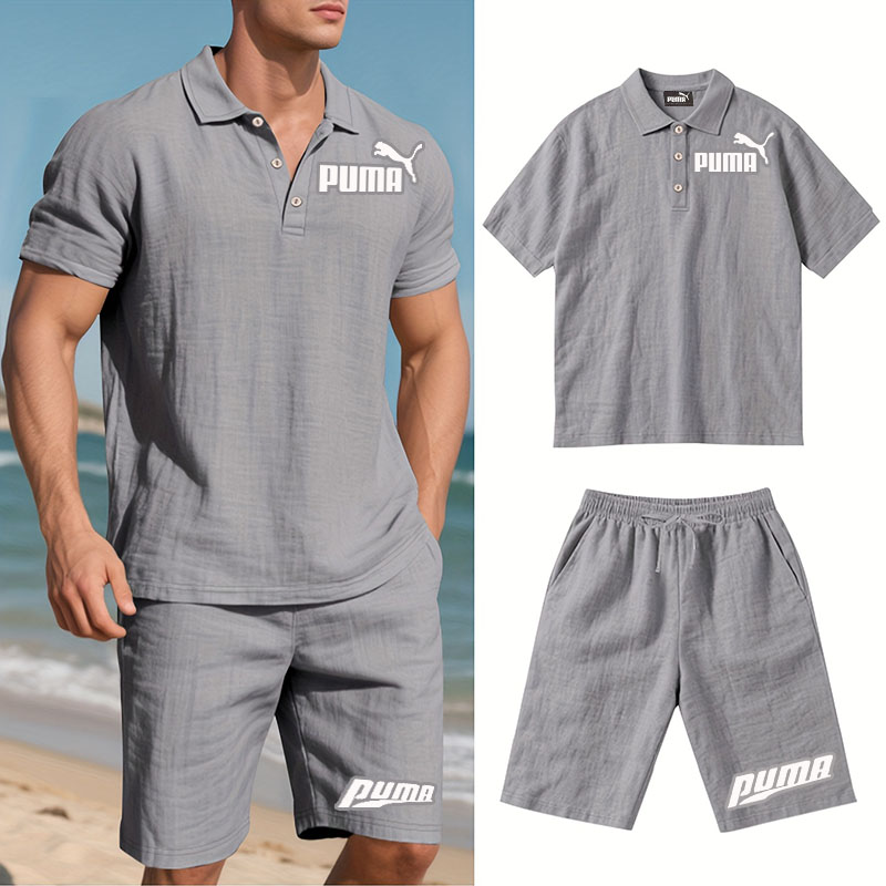 PUMA Męski Komplet z Koszulą i Szortami Lnianymi, Wygodny Styl na Wypoczynek Plażowy - Prosty Jednokolorowy