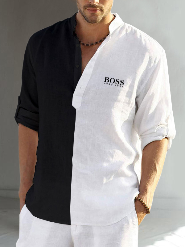 Color block cotton linen men's long sleeve casual shirt