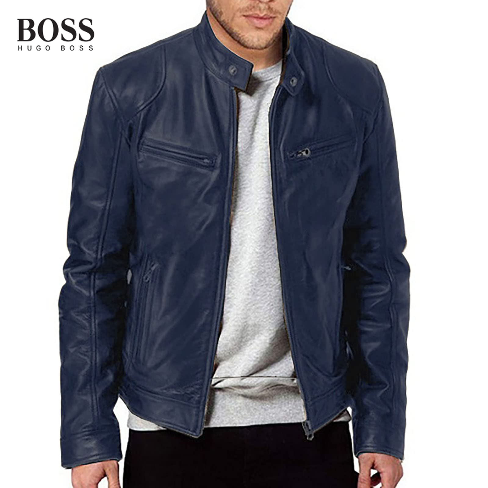 Men's Stand Collar Leather Jacket Lightweight Zipper Leather Coat Slim Fit Biker Jacket