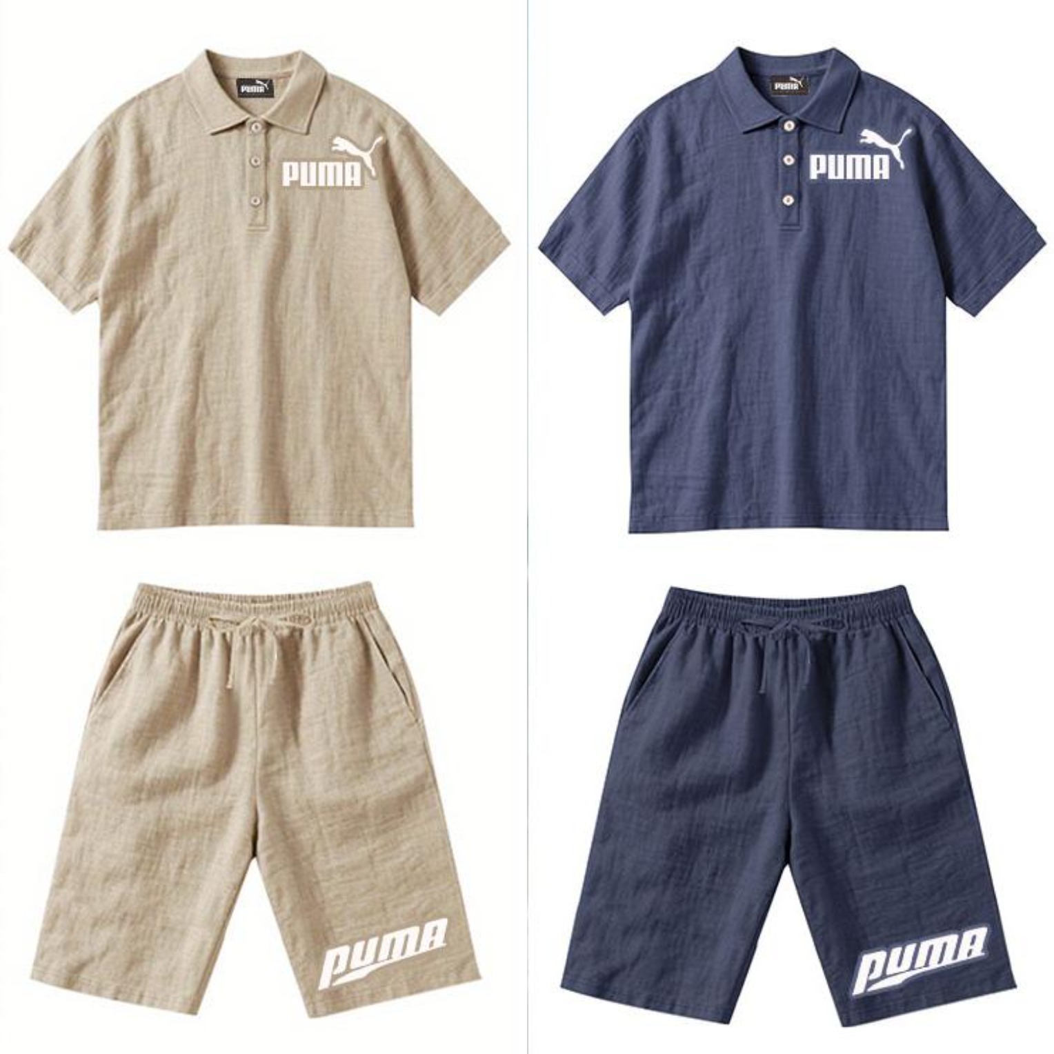 PUMA Męski Komplet z Koszulą i Szortami Lnianymi, Wygodny Styl na Wypoczynek Plażowy - Prosty Jednokolorowy