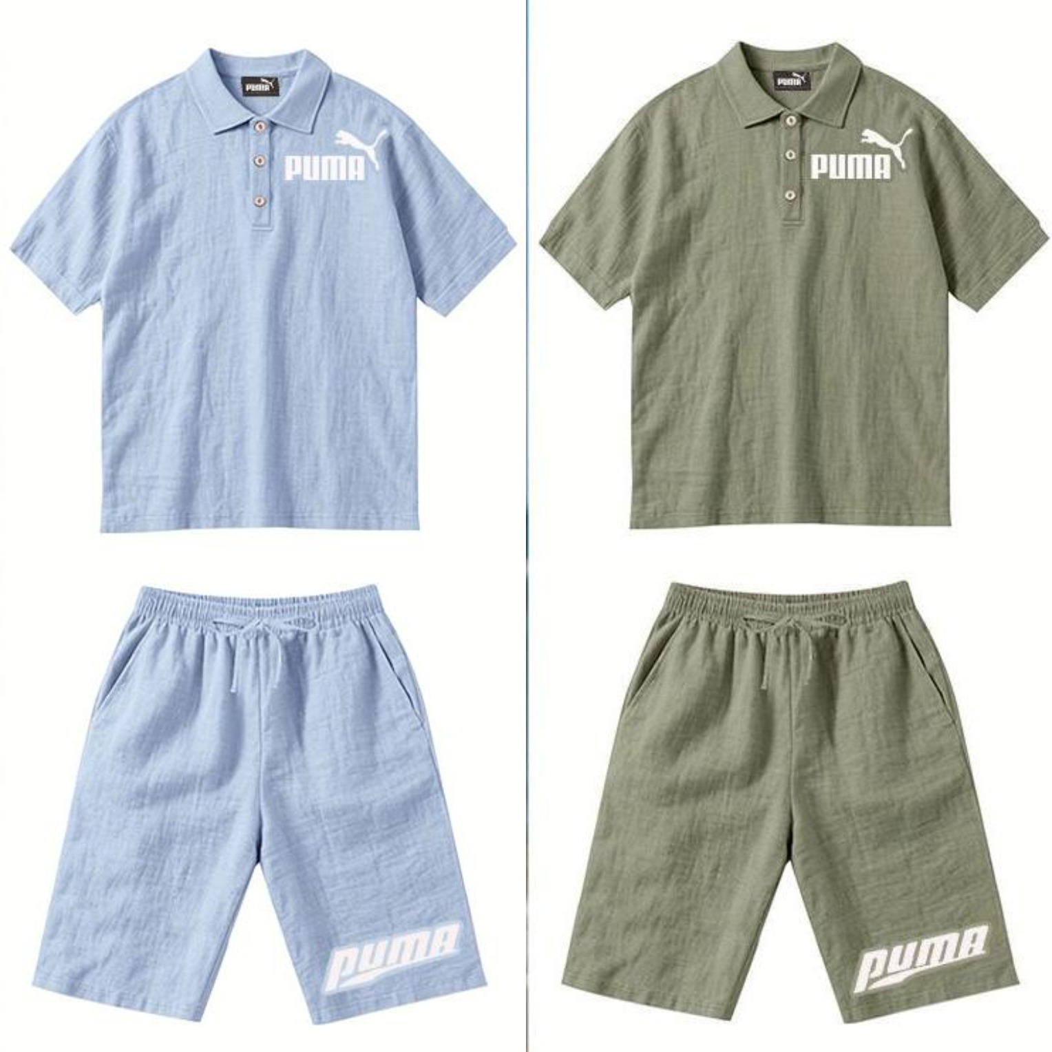 PUMA Męski Komplet z Koszulą i Szortami Lnianymi, Wygodny Styl na Wypoczynek Plażowy - Prosty Jednokolorowy