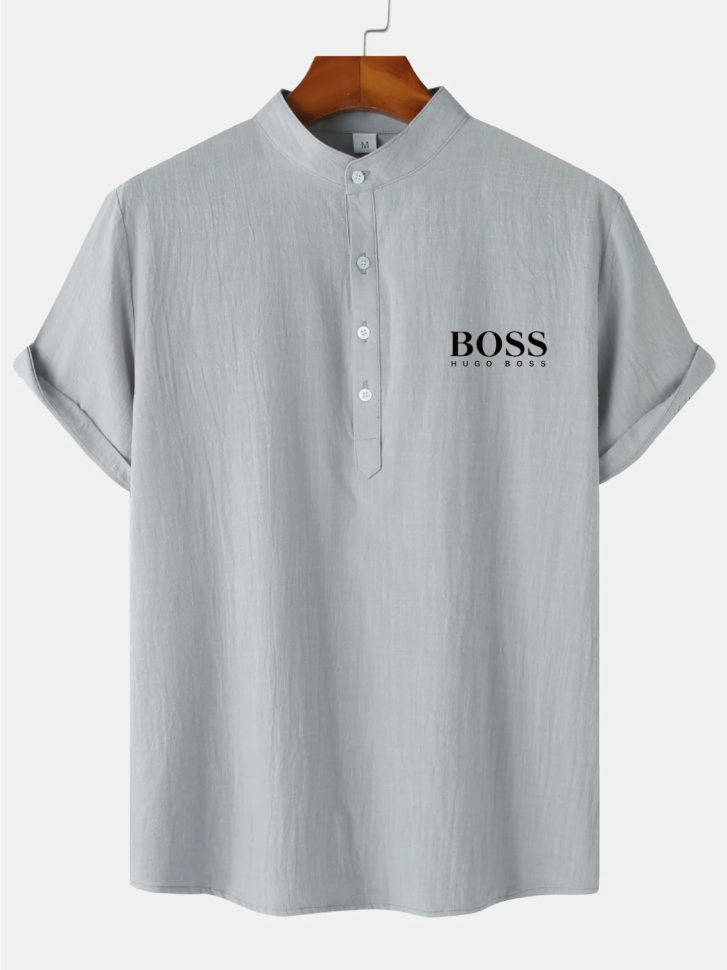 Men's Cotton Linen Stand Collar Casual Beach Short Sleeve Shirt