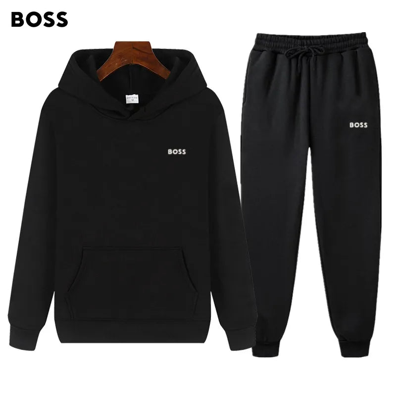 SOLID COLOR MENS CASUAL HOODIES SWEATSHIRT TWO PIECES SUITS
