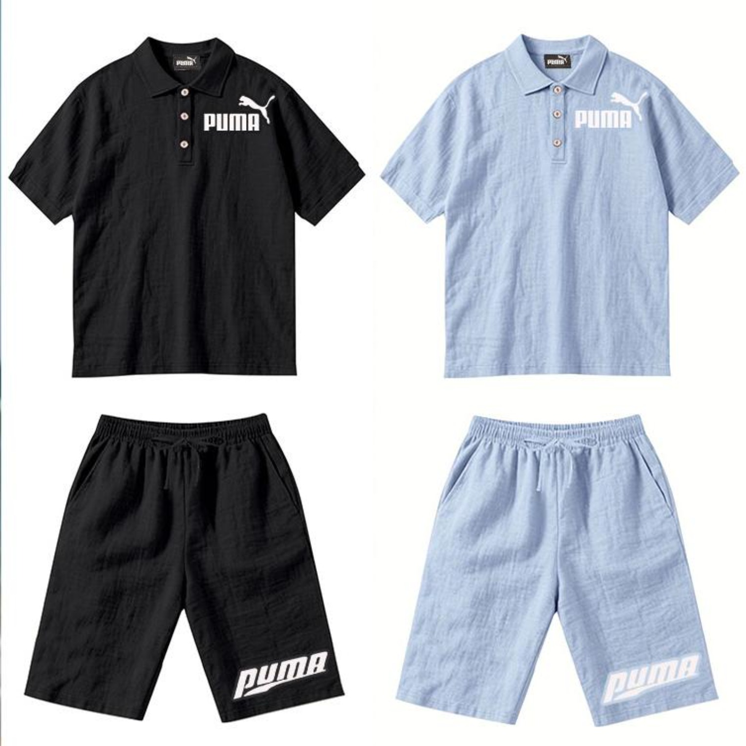 PUMA Męski Komplet z Koszulą i Szortami Lnianymi, Wygodny Styl na Wypoczynek Plażowy - Prosty Jednokolorowy