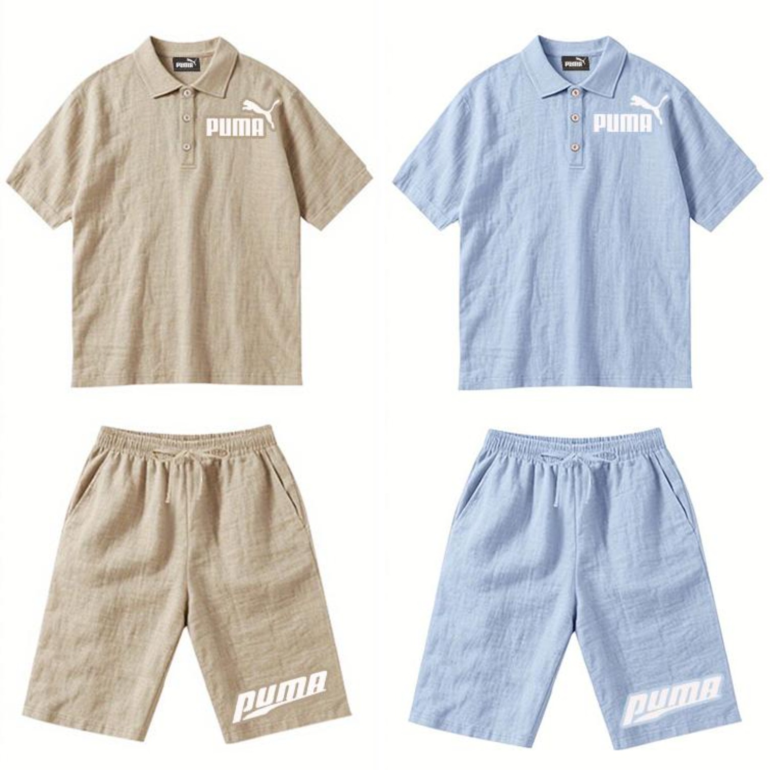 PUMA Męski Komplet z Koszulą i Szortami Lnianymi, Wygodny Styl na Wypoczynek Plażowy - Prosty Jednokolorowy