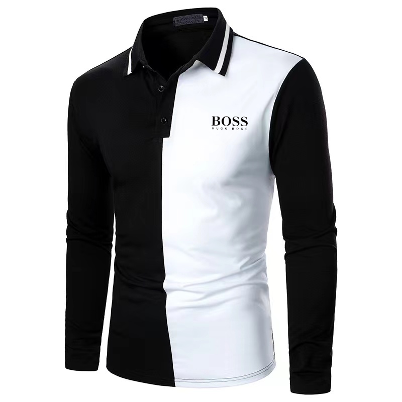 Men's Casual Color Block Long Sleeve Polo Shirt