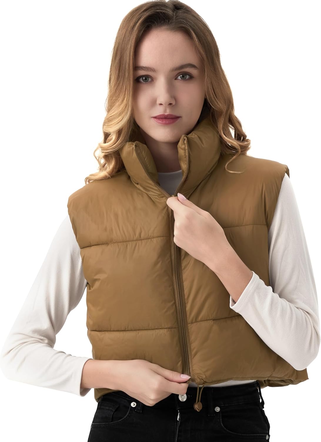 ANAYSN Women's Cropped Puffer Vest Lightweight Sleeveless Warm Vests For Women Winter Stand Collar Padded Gilet
