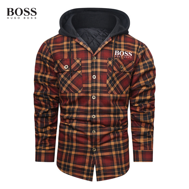 Thick Plaid Long Sleeve Loose Hooded Sweathershirt Men