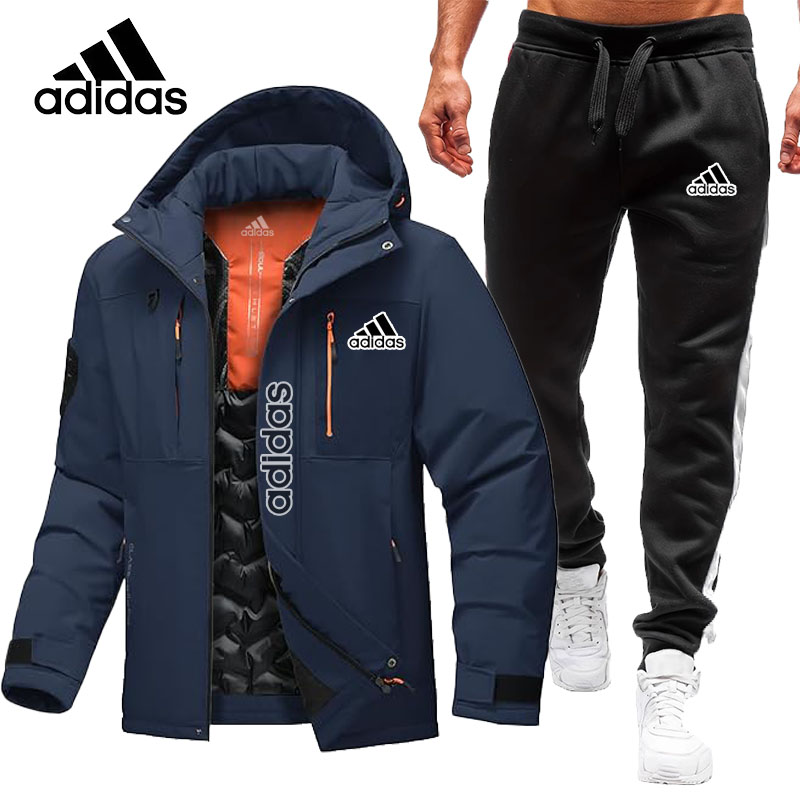 Nowa męska ciepła, wodoodporna, wiatroszczelna kurtka Adidas z kapturem, ciepła i lekka, zimowa kurtka śnieżna + spodnie