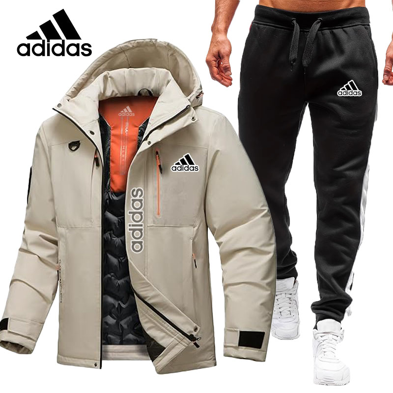 Nowa męska ciepła, wodoodporna, wiatroszczelna kurtka Adidas z kapturem, ciepła i lekka, zimowa kurtka śnieżna + spodnie