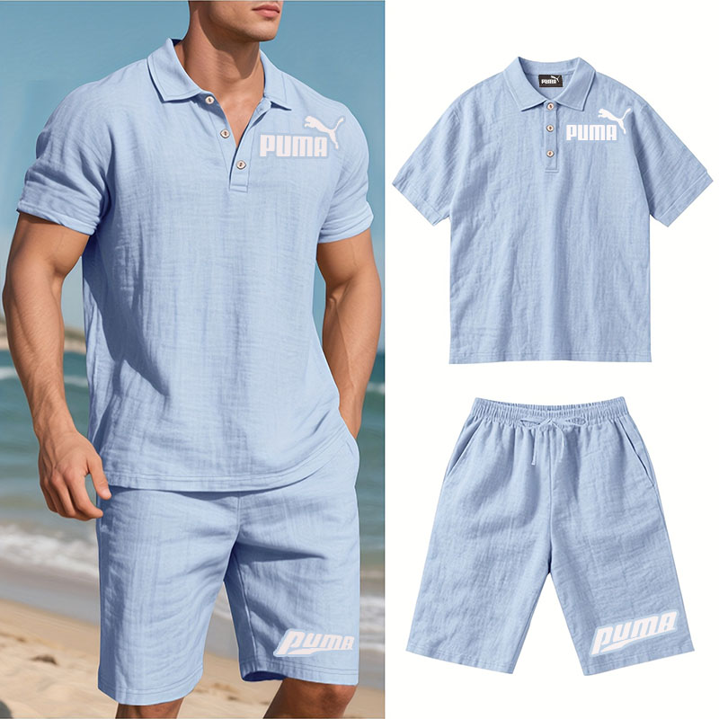 PUMA Męski Komplet z Koszulą i Szortami Lnianymi, Wygodny Styl na Wypoczynek Plażowy - Prosty Jednokolorowy