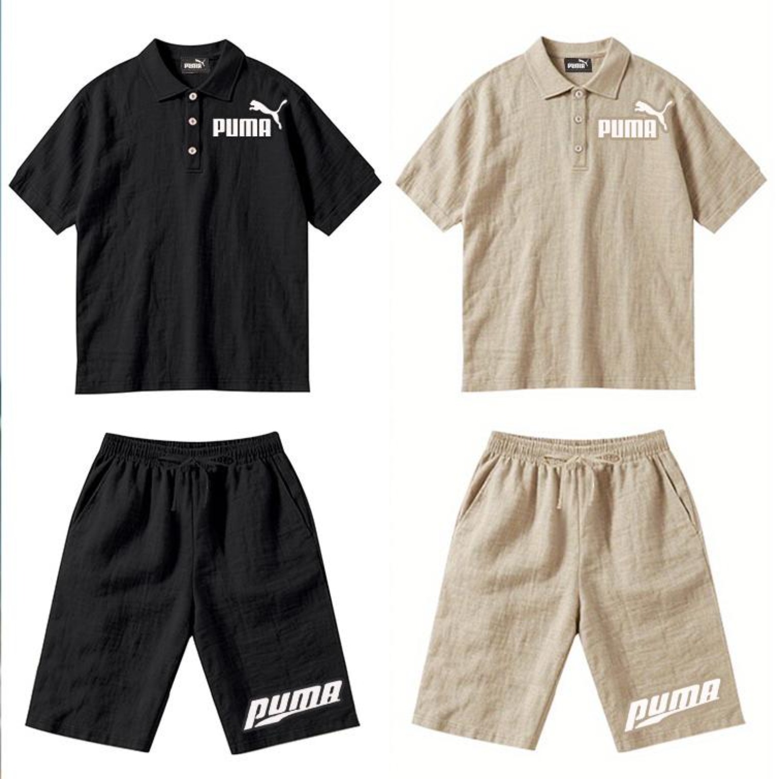 PUMA Męski Komplet z Koszulą i Szortami Lnianymi, Wygodny Styl na Wypoczynek Plażowy - Prosty Jednokolorowy