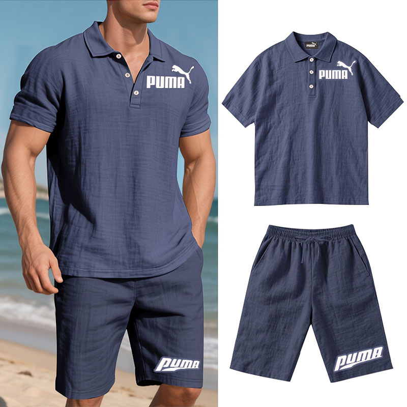 PUMA Męski Komplet z Koszulą i Szortami Lnianymi, Wygodny Styl na Wypoczynek Plażowy - Prosty Jednokolorowy