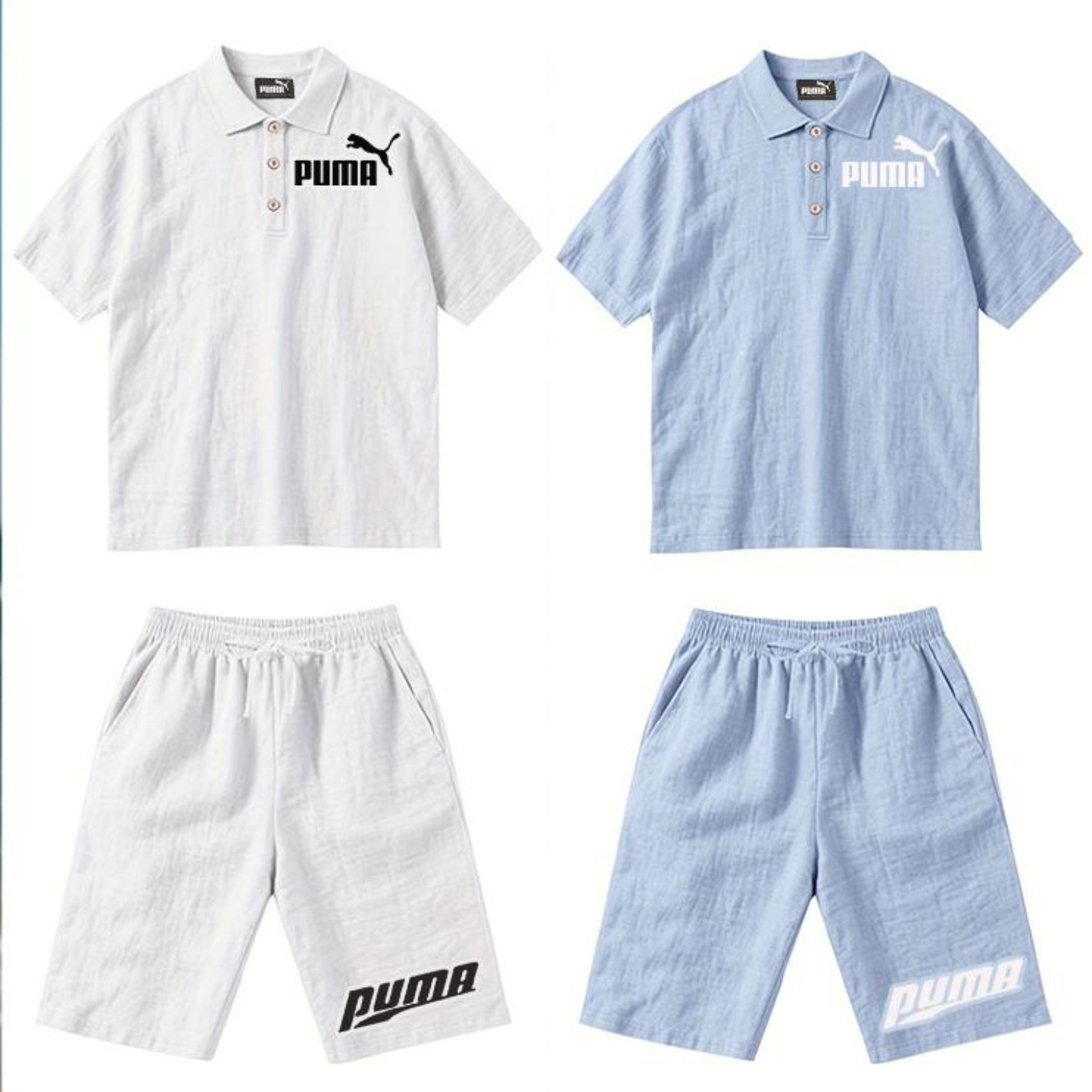 PUMA Męski Komplet z Koszulą i Szortami Lnianymi, Wygodny Styl na Wypoczynek Plażowy - Prosty Jednokolorowy