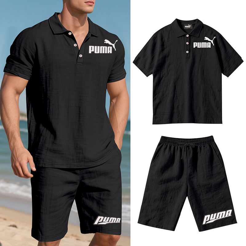 PUMA Męski Komplet z Koszulą i Szortami Lnianymi, Wygodny Styl na Wypoczynek Plażowy - Prosty Jednokolorowy