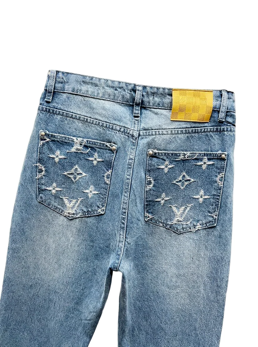 Light Blue Monogram Embroidered Denim Jeans