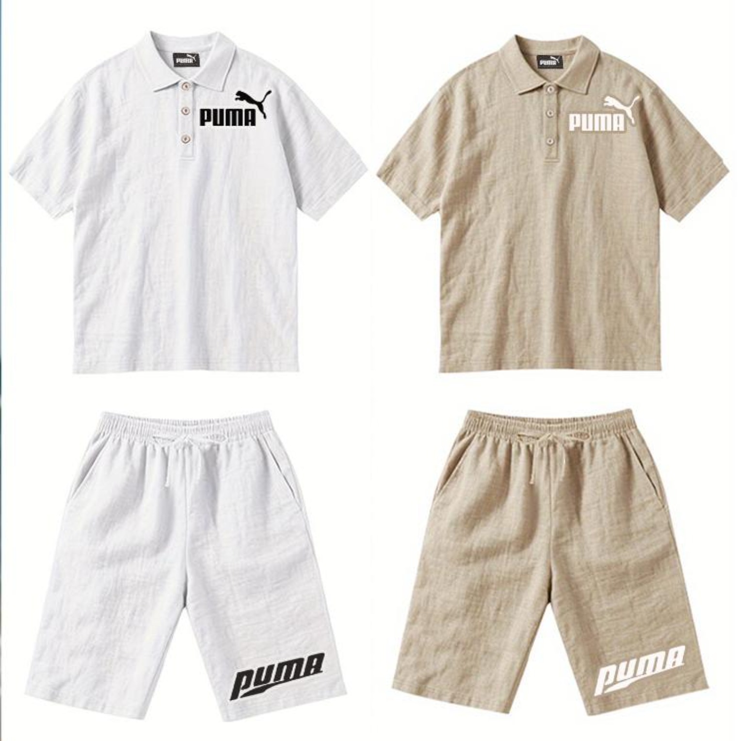 PUMA Męski Komplet z Koszulą i Szortami Lnianymi, Wygodny Styl na Wypoczynek Plażowy - Prosty Jednokolorowy