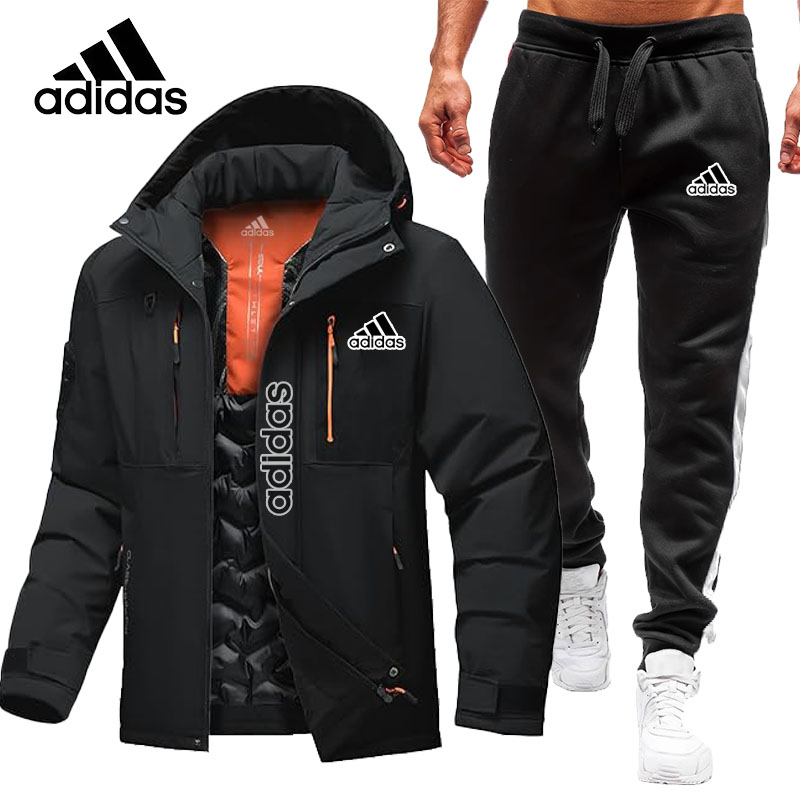 Nowa męska ciepła, wodoodporna, wiatroszczelna kurtka Adidas z kapturem, ciepła i lekka, zimowa kurtka śnieżna + spodnie