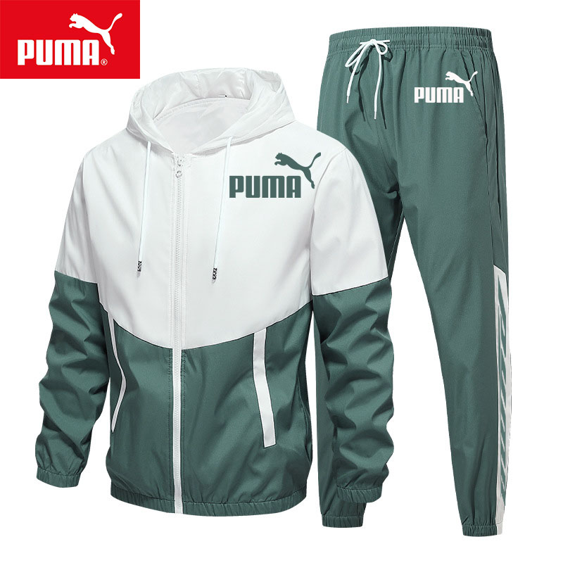 Dwuczęściowy, codzienny ubiór męski PUMA, modna bluza z kapturem zapinana na suwak w blokach kolorów, oddychające, jednokolorowe spodnie ze ściągaczem (promocja na aktywność fizyczną, kup jeden, a drugi dostaniesz gratis)