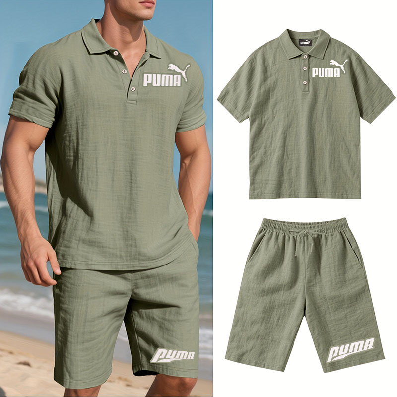 PUMA Męski Komplet z Koszulą i Szortami Lnianymi, Wygodny Styl na Wypoczynek Plażowy - Prosty Jednokolorowy
