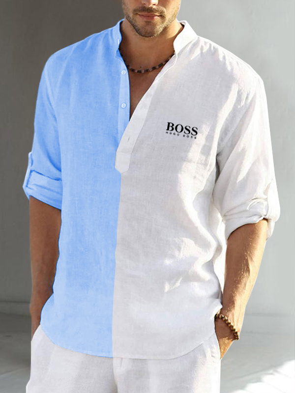 Color block cotton linen men's long sleeve casual shirt