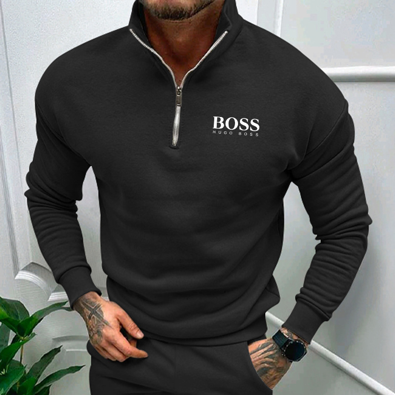 Men's Plush solid color long sleeve zipper POLO
