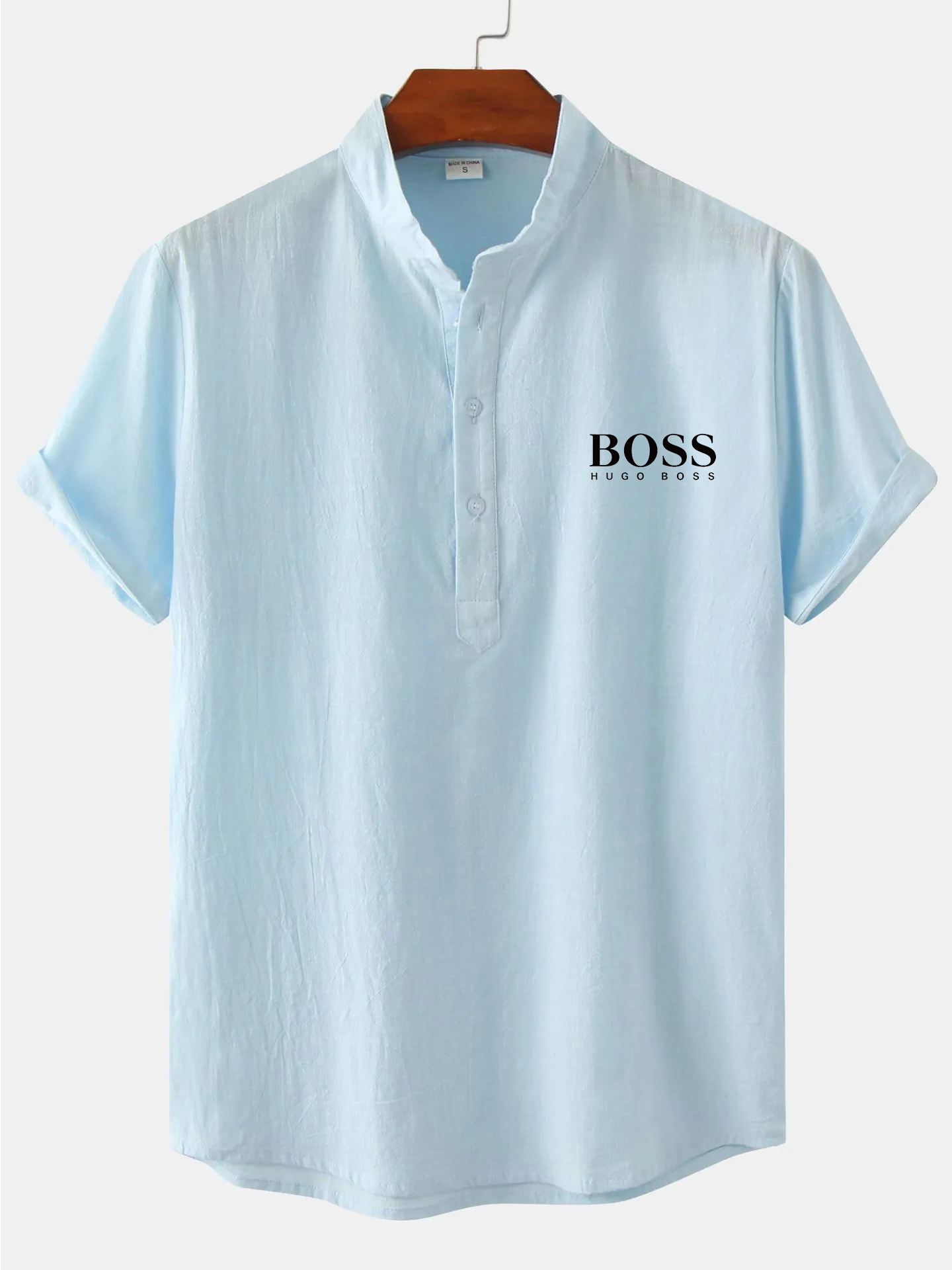 Men's Cotton Linen Stand Collar Casual Beach Short Sleeve Shirt