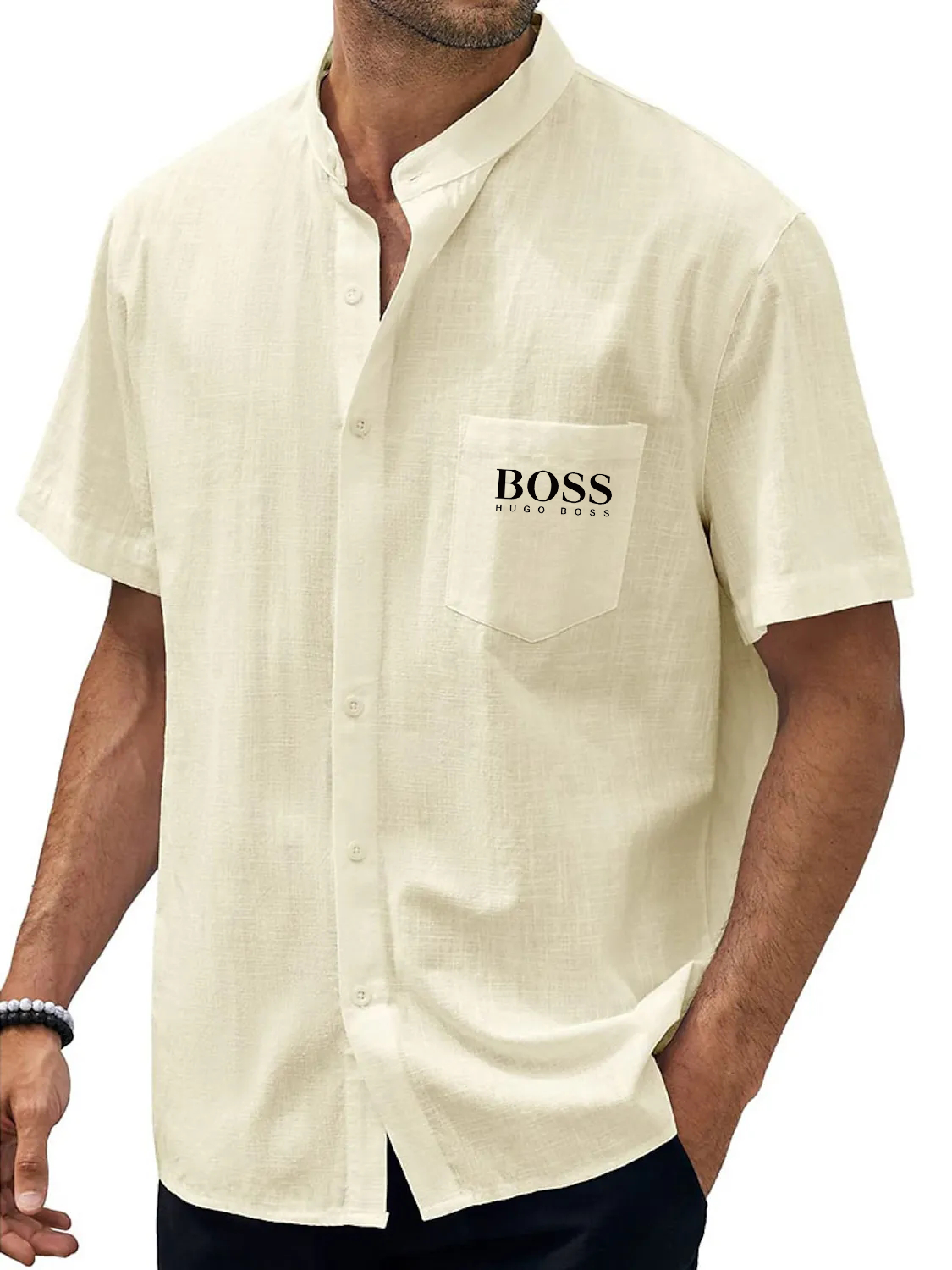 Men's Hawaiian Casual Beach Stand Collar Pocket Short Sleeves