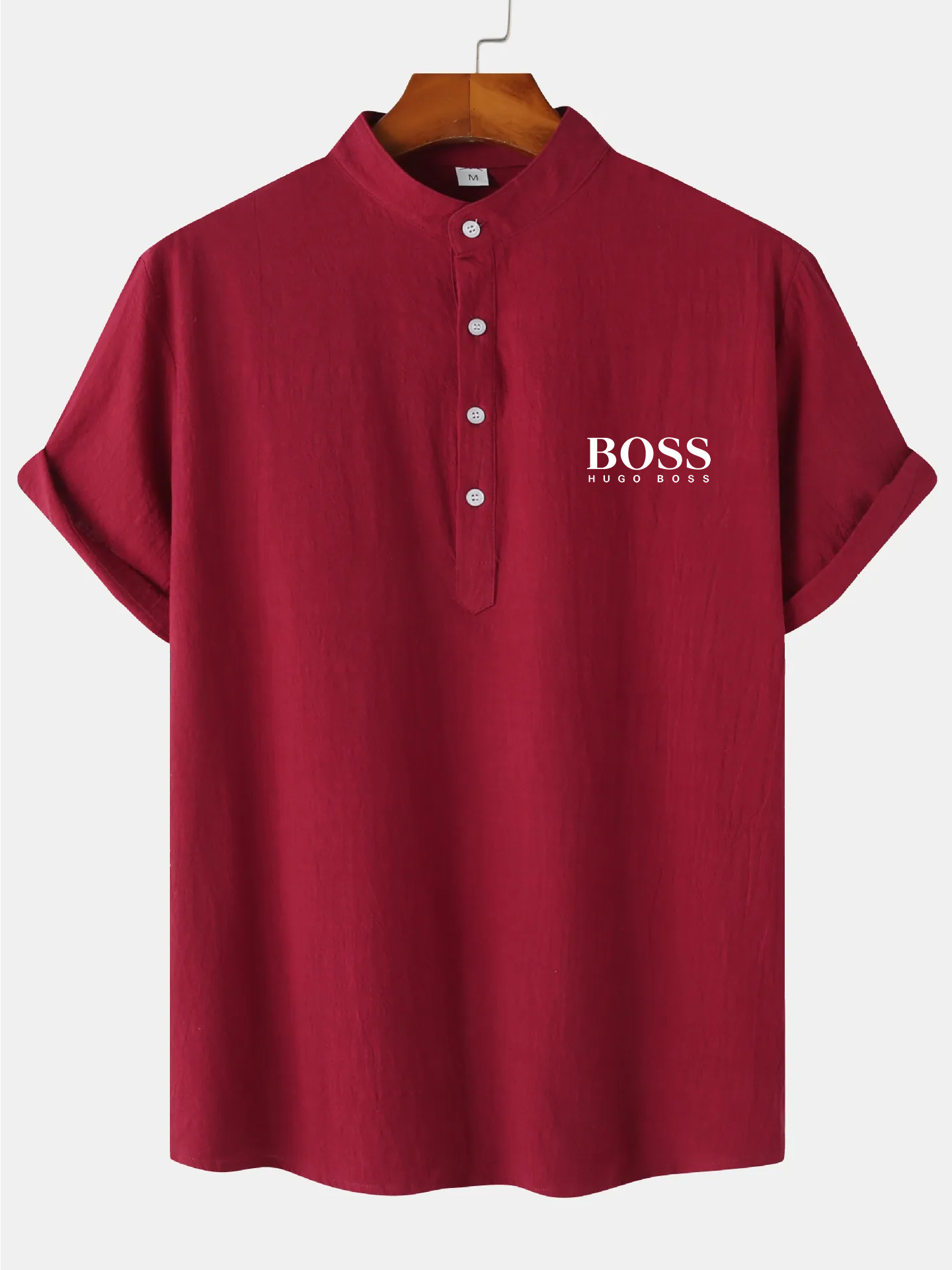 Men's Cotton Linen Stand Collar Casual Beach Short Sleeve Shirt