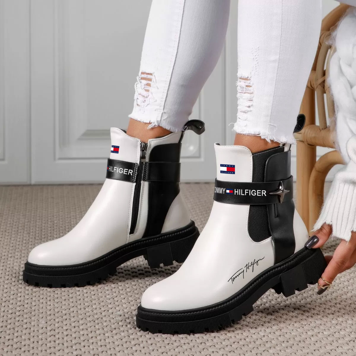 2023 Zimowe wodoodporne buty damskie ze skóry i aksamitu