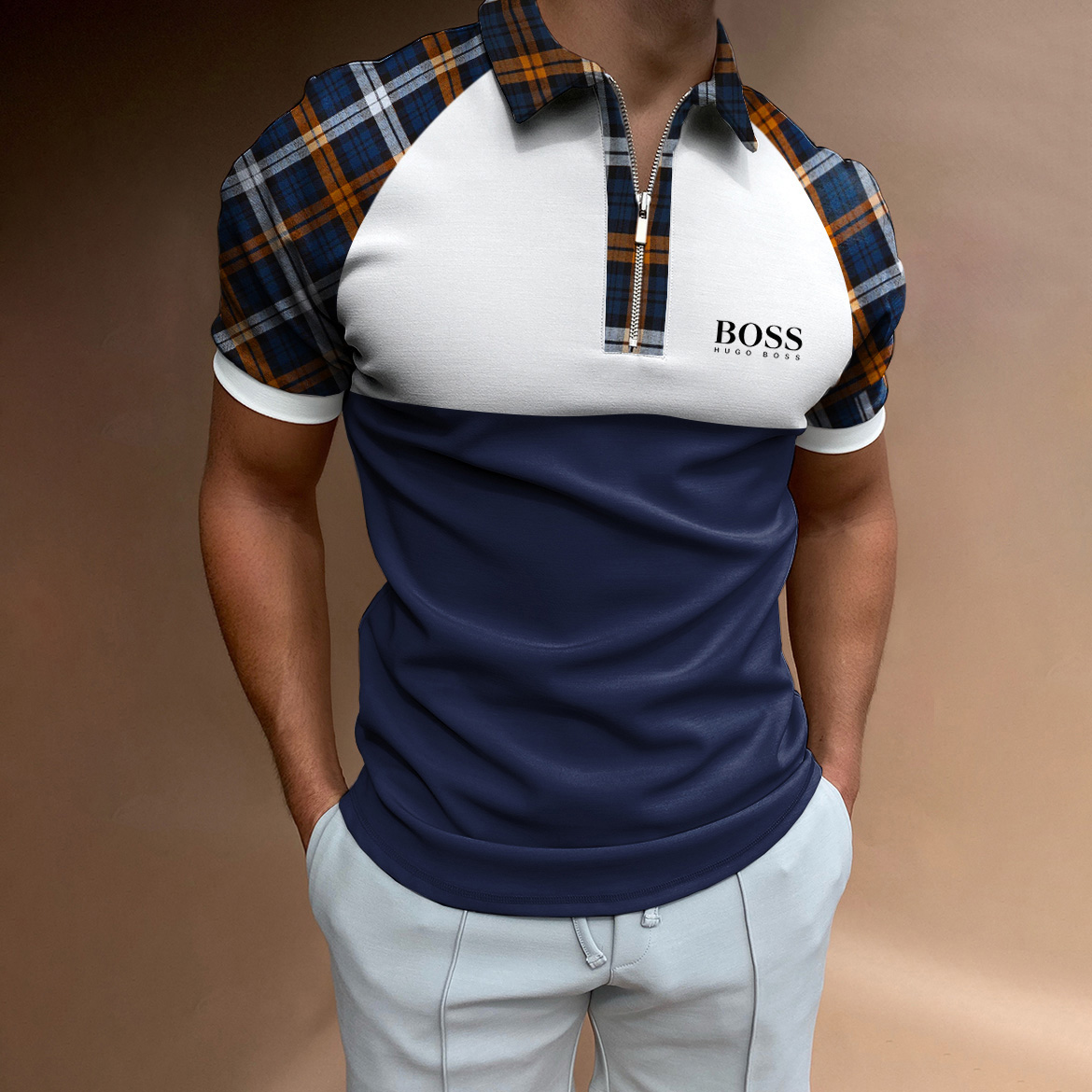 Men's print color block casual short-sleeved polo shirt