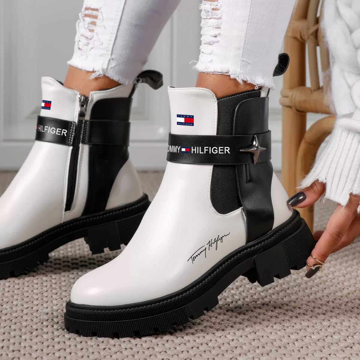 2023 Zimowe wodoodporne buty damskie ze skóry i aksamitu